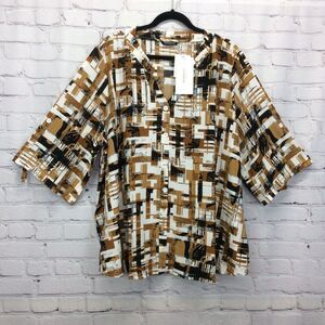 Bloomchic Tunic Womens Plus 22/24 Abstract V Neck Roll Tab Sleeve Faux Button Up